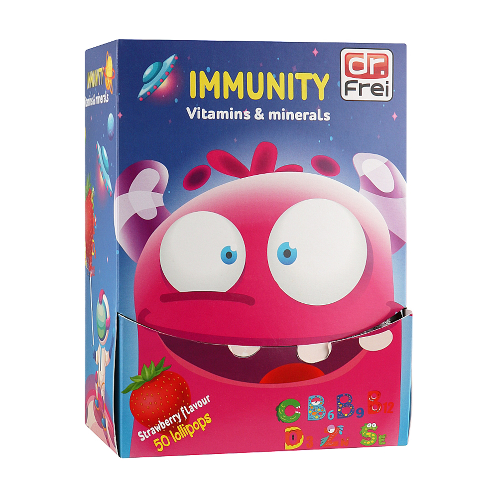Вітаміни та мінерали Dr. Frei Immunity Імуніті (Zn+Se) зі смаком полуниці, 50 льодяників